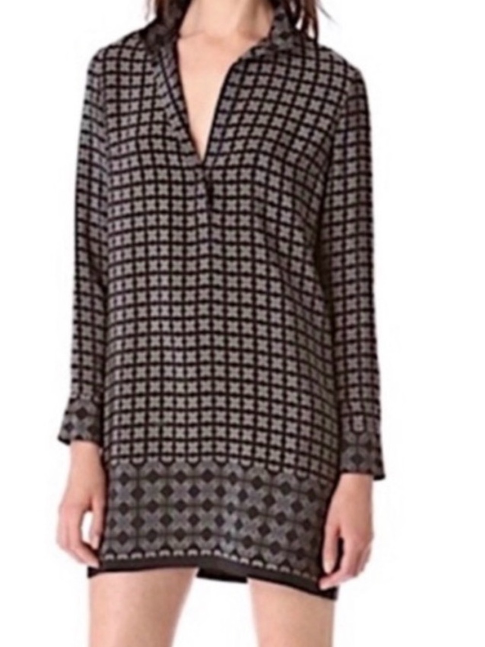 Vince 100% Silk Shift Dress Women's Size 6 Black Beige Geometric Long
Sleeve